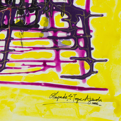 'Too Deeply Involved' - Pintura abstracta firmada en morado y amarillo de Nigeria