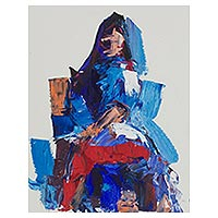 „Lady in Blue“ – Signiertes nigerianisches abstraktes Gemälde