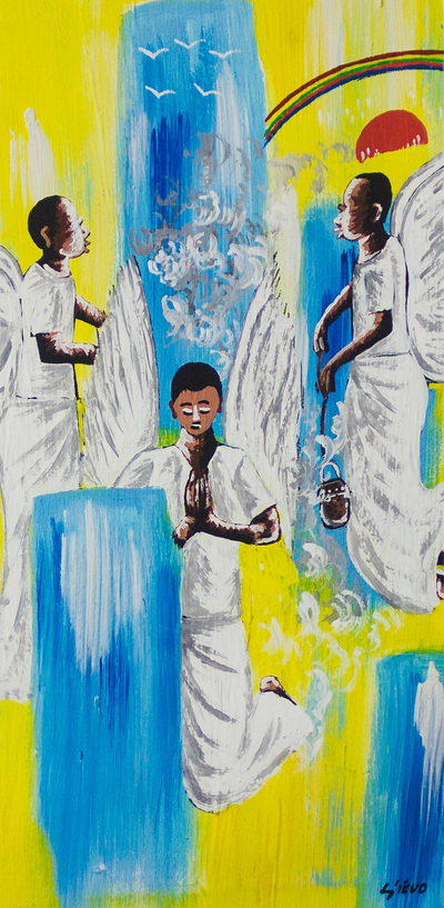 Engel in der Anbetung – Signiertes surrealistisches Engelsgemälde aus Ghana