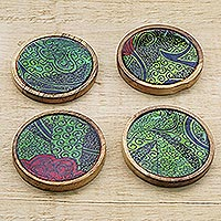 Wood coasters, 'Green Ntoma' (set of 4) - Wood and Cotton Coasters in Green from Ghana (Set of 4)