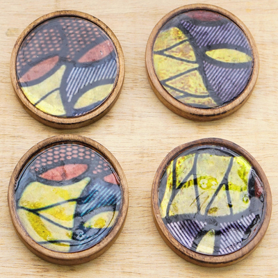 Wood coasters, 'Vibrant Ntoma' (set of 4) - Vibrant Wood and Cotton Coasters from Ghana (Set of 4)