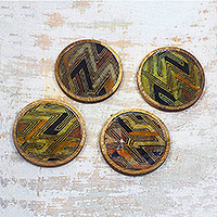Wood coasters, 'Intricate Lines' (set of 4) - Line Motif Wood and Cotton Coasters from Ghana (Set of 4)
