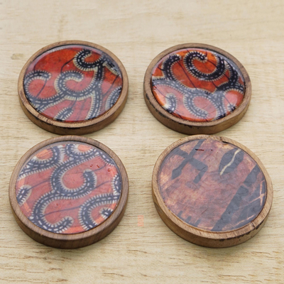 Wood coasters, 'African Maze' (set of 4) - Orange and Blue Wood and Cotton Coasters (Set of 4)