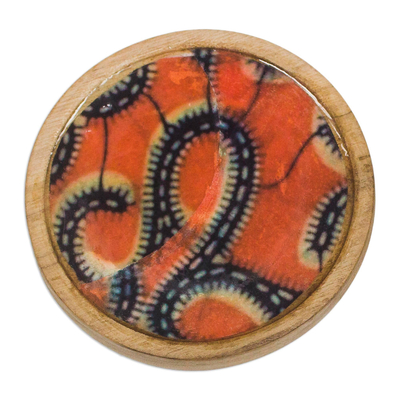 Wood coasters, 'African Maze' (set of 4) - Orange and Blue Wood and Cotton Coasters (Set of 4)