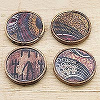 Wood coasters, 'Colorful Ntoma' (set of 4) - Colorful Wood and Cotton Coasters from Ghana (Set of 4)