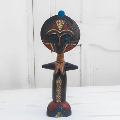 Wood sculpture, 'Aku Sika Doll' - Fertility Doll-Style Wood and Aluminum Sculpture from Ghana