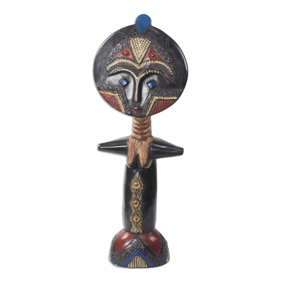 Wood sculpture, 'Aku Sika Doll' - Fertility Doll-Style Wood and Aluminum Sculpture from Ghana