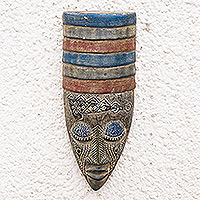 African wood mask, 'Ancestral Guardian' - Blue and Red African Sese Wood Mask with Aluminum Accents