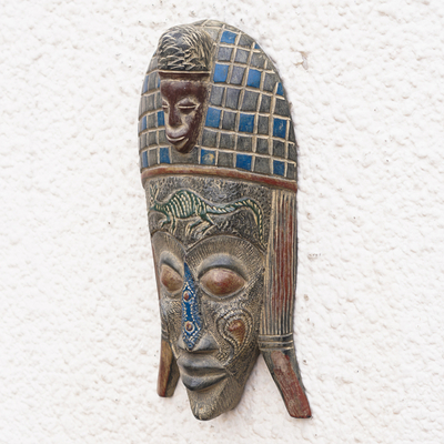 African wood mask, 'Kangaroo Sign' - Blue and Brown African Sese Wood Mask with Kangaroo Accent