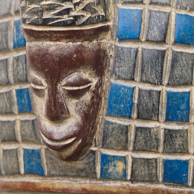 African wood mask, 'Kangaroo Sign' - Blue and Brown African Sese Wood Mask with Kangaroo Accent