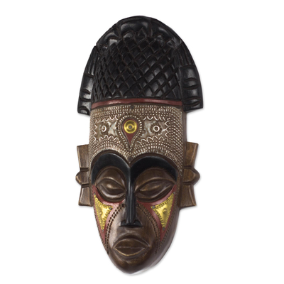 Máscara de madera africana - Máscara Africana de Madera Artesanal con Latón y Aluminio