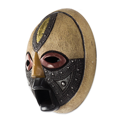 African wood mask, 'Third Eye' - Round African Wood Mask with Brass and Aluminum Accents