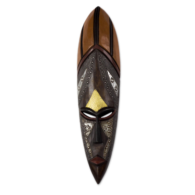 African wood mask, 'African Empress' - Tall African Wood Mask with Brass and Aluminum Accents