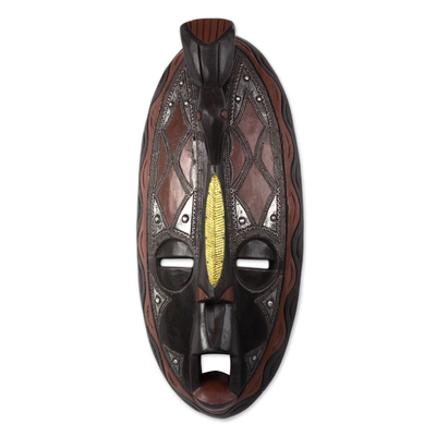 Brass and Aluminum Accented African Wood Mask from Ghana