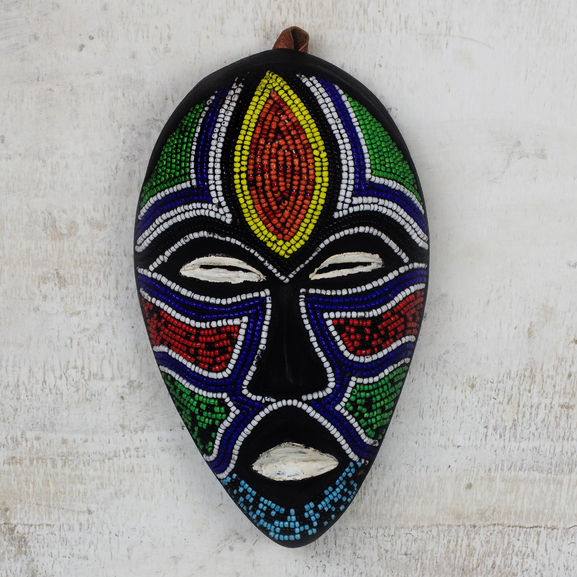 Recycled Glass Beaded African Wood Mask from Ghana, 'Face of Colors'