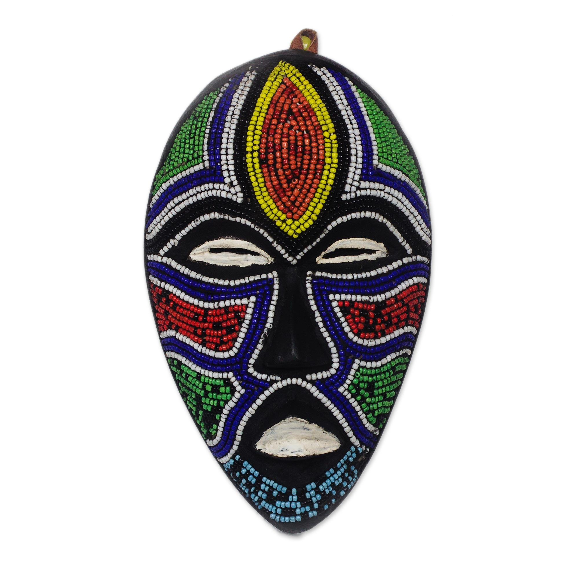 African Sun Mask Wood Aluminum Recycled Glass Bead Ghana