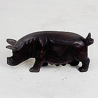 Wood figurine, 'Black Pig' - Black Sese Wood Pig Figurine from Ghana