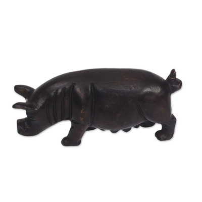 Wood figurine, 'Black Pig' - Black Sese Wood Pig Figurine from Ghana