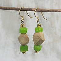 Recycled glass and ceramic beaded dangle earrings, 'Fruitful Delight' - Green Recycled Glass and Ceramic Dangle Earrings from Ghana