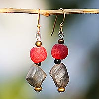 Recycled glass and ceramic beaded dangle earrings, 'Power Stones' - Recycled Glass and Ceramic Beaded Dangle Earrings