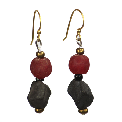 Recycled glass and ceramic beaded dangle earrings, 'Power Stones' - Recycled Glass and Ceramic Beaded Dangle Earrings