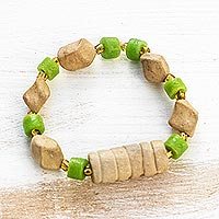 Recycled glass and ceramic beaded stretch bracelet, 'Fruitful' - Green Recycled Glass and Ceramic Beaded Stretch Bracelet