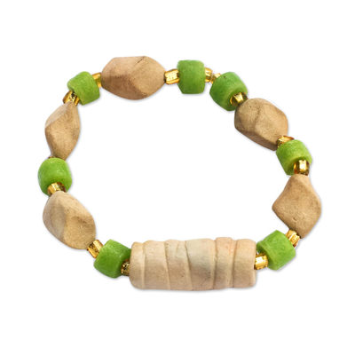 Green Recycled Glass and Ceramic Beaded Stretch Bracelet