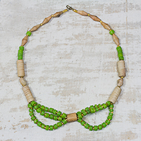 Recycled glass and ceramic beaded necklace, 'Green Dzigbordi' - Green Recycled Glass and Ceramic Beaded Necklace