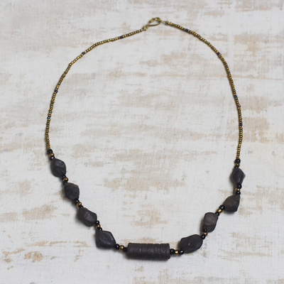 Ceramic and recycled plastic beaded necklace, 'Beautiful Nuku' - Ceramic and Gold-Tone Recycled Plastic Necklace from Ghana