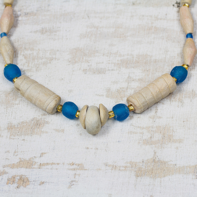 Ceramic and recycled glass beaded necklace, 'Kplorla Beauty' - Ceramic and Blue Recycled Glass Beaded Necklace from Ghana