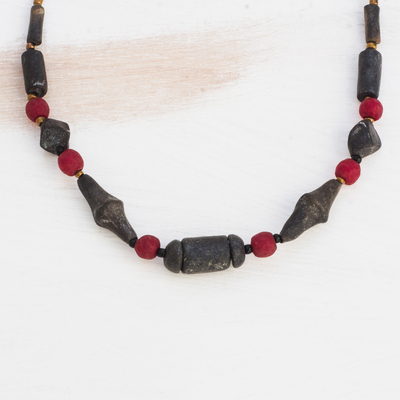 Terracotta and recycled glass beaded necklace, 'Ladzo' - Handmade Black and Red Beaded Necklace