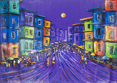 'Inside Market Square' (2019) - Signed Expressionist Cityscape Painting from Ghana (2019)
