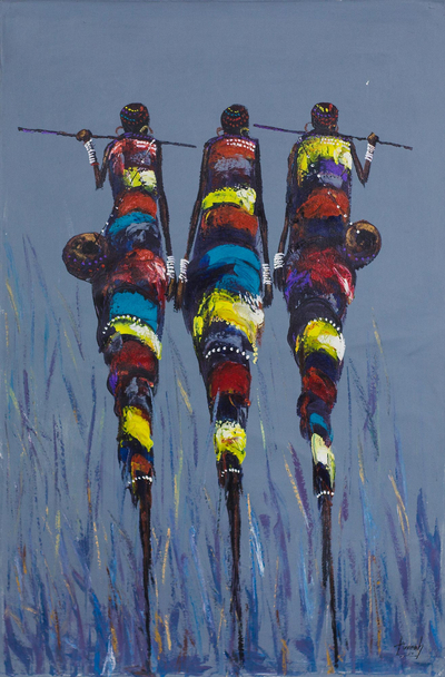 'Masai Hunters' - Signed Expressionist Painting of Masai Hunters from Ghana