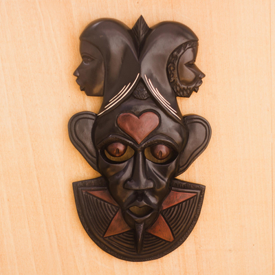 African wood mask, 'Abusua Love' - Heart Motif African Wood Mask in Black from Ghana
