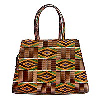 Cotton handbag, 'Kente Diamonds' - Diamond Motif Printed Cotton Handle Handbag from Ghana
