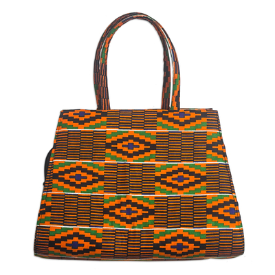 Diamond Motif Printed Cotton Handle Handbag from Ghana