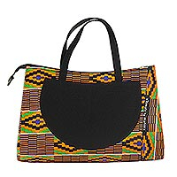 Baumwollhandtasche, 'Kente Woman' - Kente Print Cotton Handle Handbag aus Ghana