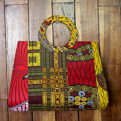 Bolso de algodón - Bolso de mano de algodón estampado con asas redondas de Ghana