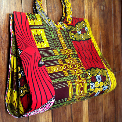 Handtasche aus Baumwolle - Bedruckte Baumwollhandtasche mit runden Griffen aus Ghana