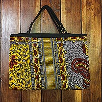 Bolso con asa de algodón, 'Handy Box' - Bolso con asa de algodón estampado hecho a mano en Ghana