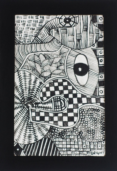 Signed Black and White Abstract Folk Art Painting from Ghana