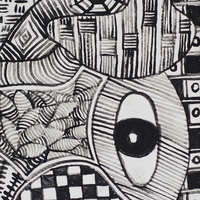 'Fertility' - Signed Black and White Abstract Folk Art Painting from Ghana