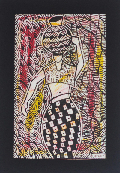 'Maiden' - Mixed Media Painting of a Woman Holding a Pot from Ghana