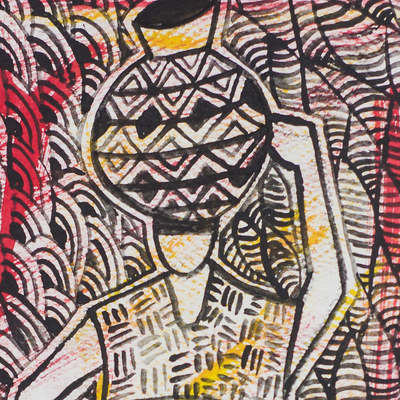 'Jungfrau'. - Mixed-Media-Gemälde einer Frau mit Topf in der Hand aus Ghana