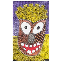 'Laughing Mask' - Signed Painting of a Smiling African Mask from Ghana