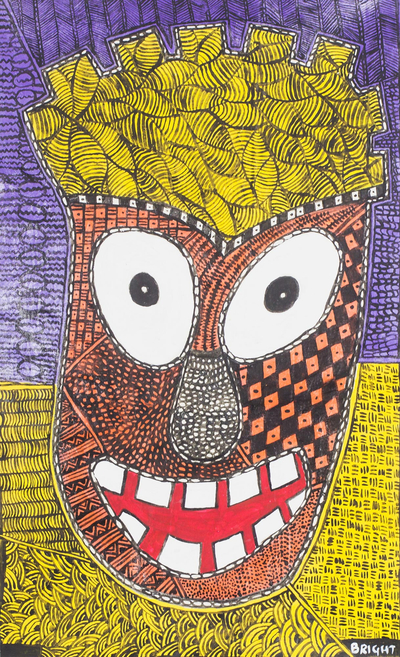 'Lachende Maske'. - Signiertes Gemälde einer lächelnden afrikanischen Maske aus Ghana