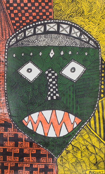 'Protesting Mask' - Signed Painting of a Green African Mask from Ghana