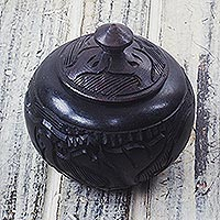 Ebony wood decorative jar, 'Animal Keeper' - Animal-Themed Ebony Wood Decorative Jar from Ghana