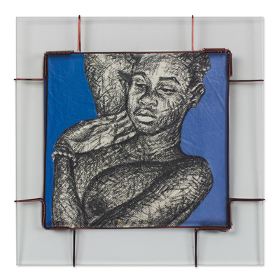 „Unschuldiger Flüsterer“. - Glasgerahmtes Gemälde einer schlafenden nackten Frau aus Ghana