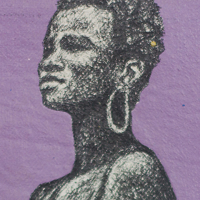 'Uprightness' - Pintura expresionista enmarcada en vidrio de una mujer sobre color morado